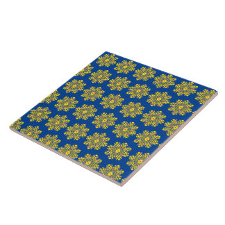 Art floral vintage fleurs jaune et bleu kakelplatta