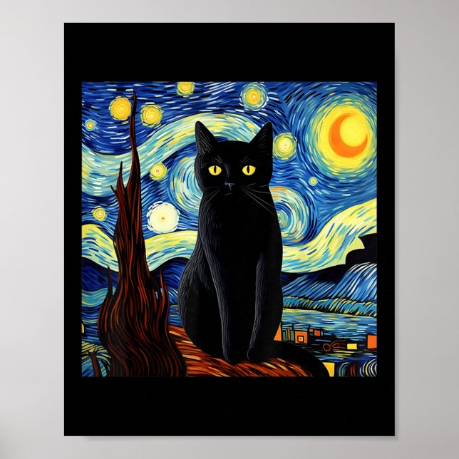Art Funny Black Cat Painting Artist Van Gogh Starr Poster (Framsidan)