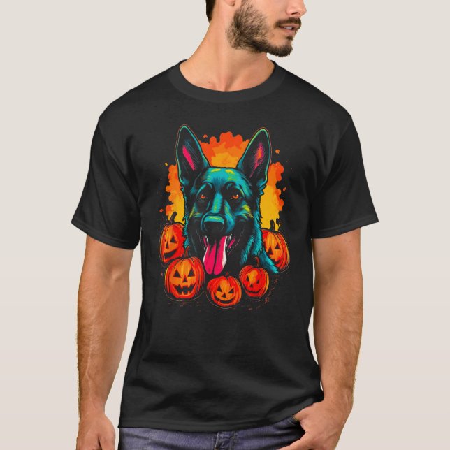 Art German Shepherd Dog Halloween Pumpkin T Shirt (Framsida)