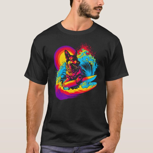 Art German Shepherd Dog Surfer T Shirt (Framsida)
