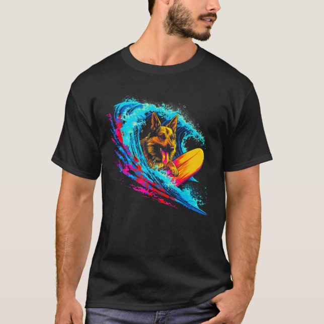 Art German Shepherd Dog Wave Surf T Shirt (Framsida)