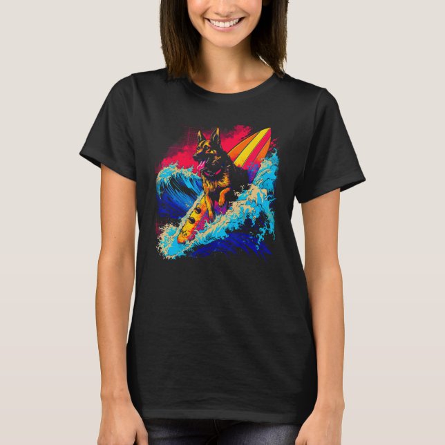 Art German Shepherd Hund Surfa Surfing T Shirt (Framsida)