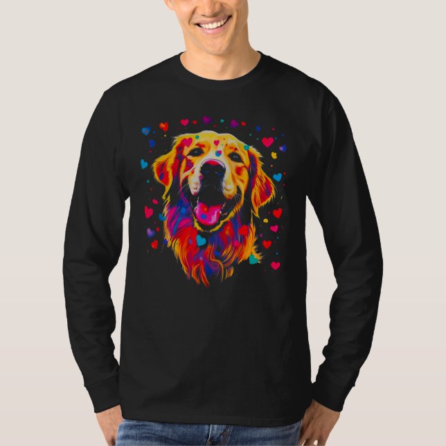 Art Golden Retriever Dog Blue Red Heart T Shirt (Framsida)
