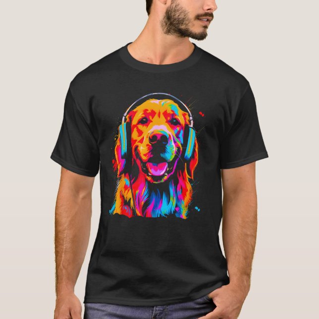 Art Golden Retriever Dog DJ Headset T Shirt (Framsida)