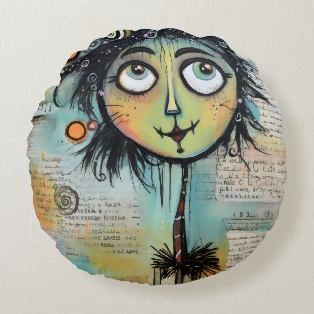 Art Lady 9 Charming och nödlidande Rund Kudde (Framsidan)