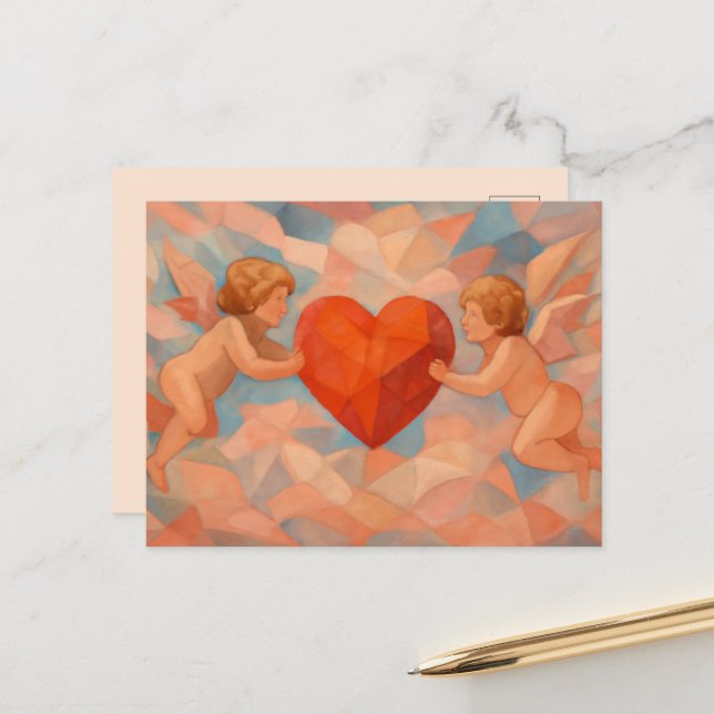 Art Lover Expressionist Cherubs Valentine Postcard Helg Vykort (Fram/Back In Situ)