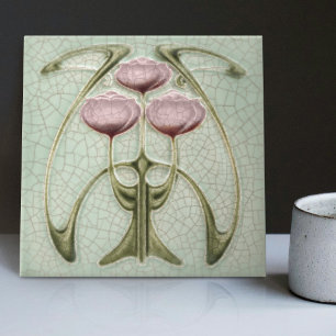Art nouveau 1890-talets trio av Peonies Gibbons Kakelplatta