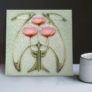 Art nouveau 1890-talets trio av Peonies Gibbons Kakelplatta