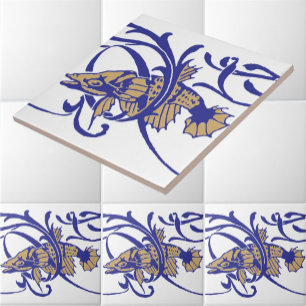 Art Nouveau 1905 Fisk & Tång Fris Mönster Kakelplatta