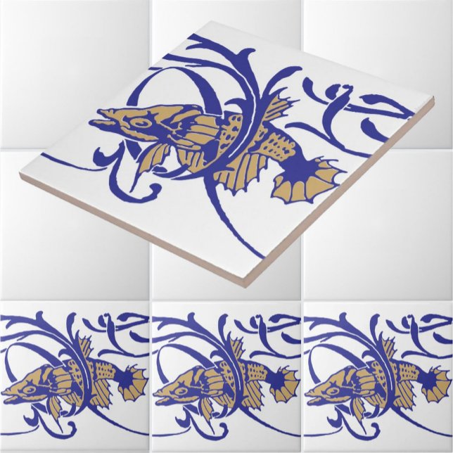 Art nouveau 1905 Fiske och Sjögräs Frieze Mönster Kakelplatta (Skapare uppladdad)