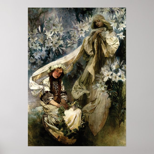 Art nouveau 1905 Madonna of the Lilies by Mucha Poster (Framsidan)