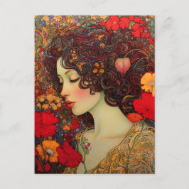 Art nouveau A Woman Amidst Red och Guld Poppies Vykort