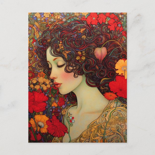 Art nouveau A Woman Amidst Red och Guld Poppies Vykort (Framsida)