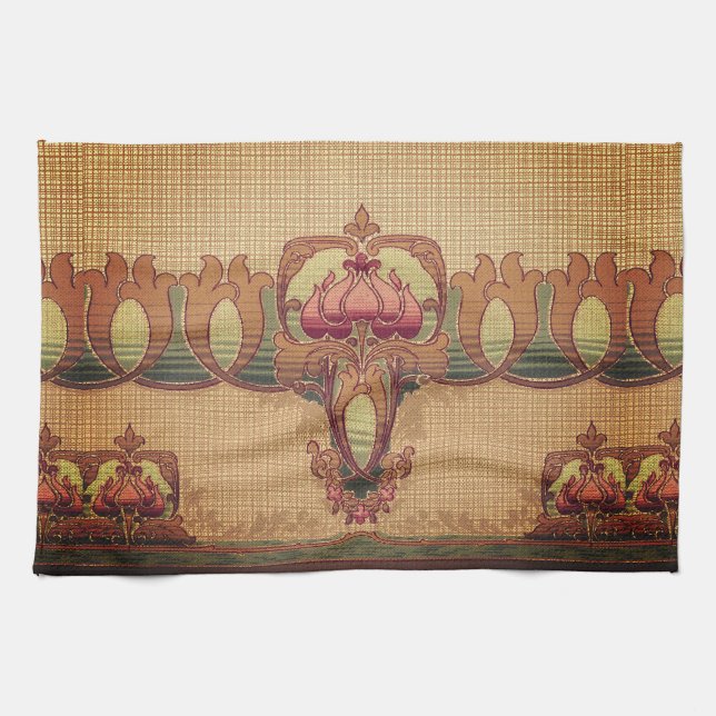 Art nouveau abstrakt-blomman, burgundröd grönt kökshandduk (Horisontell)