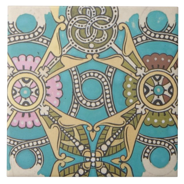 Art nouveau abstrakt textil konst blue rosa gult kakelplatta (Framsidan)