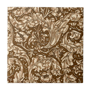 Art nouveau Acanthus Löv and Flowers, Brown Kakelplatta
