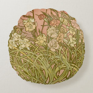 Art Nouveau Alfonse Mucha Blommande nejlikor blomm Rund Kudde