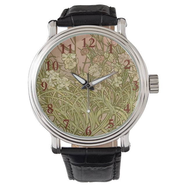 Art nouveau Alfonse Mucha Blommigt carnation blomm Armbandsur (Framsida)