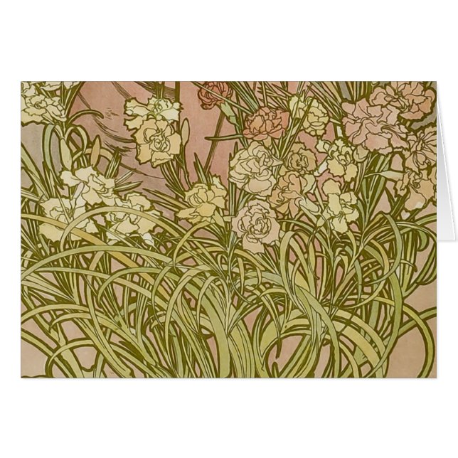 Art nouveau Alfonse Mucha Blommigt carnation blomm Hälsningskort (Framsidan Horizontal)
