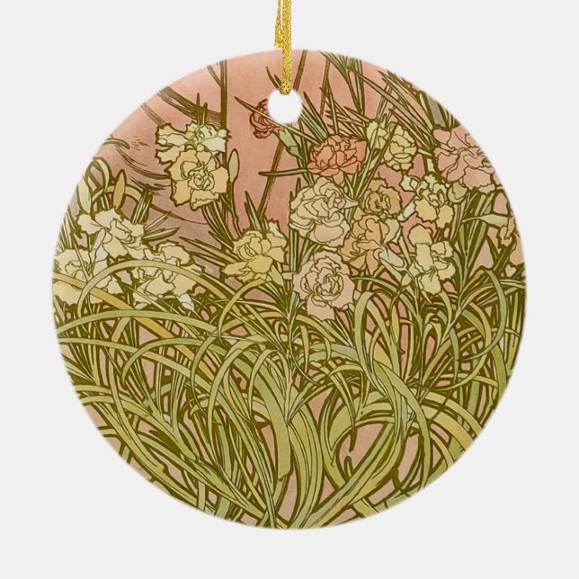 Art nouveau Alfonse Mucha Blommigt carnation blomm Julgransprydnad Keramik (Baksidan)