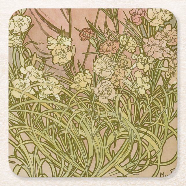 Art nouveau Alfonse Mucha Blommigt carnation blomm Underlägg Papper Kvadrat (Framsidan)