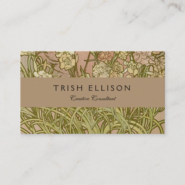 Art nouveau Alfonse Mucha Blommigt carnation blomm Visitkort (Framsida)