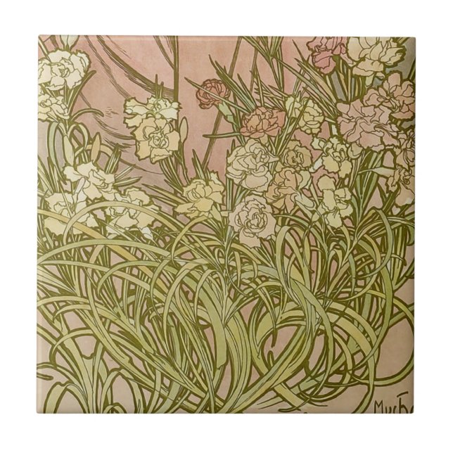 Art Nouveau Alfonse Mucha Blommor nejlikor Kakelplatta (Framsidan)