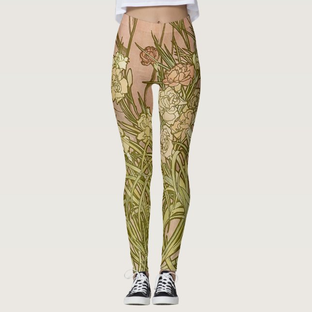 Art Nouveau Alfonse Mucha Blommor nejlikor Leggings (Framsida)