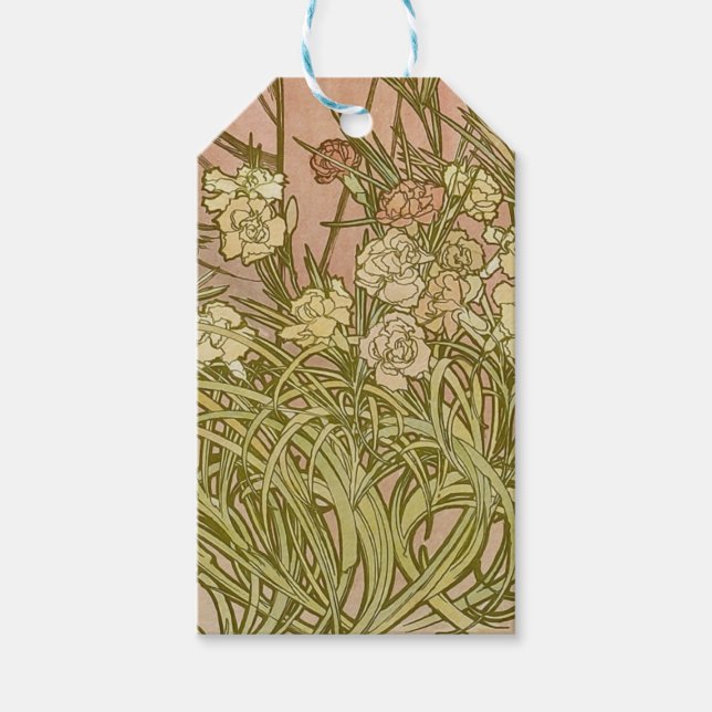 Art Nouveau Alfonse Mucha Blommor nejlikor Presentetikett (Framsidan)