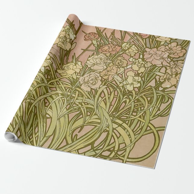 Art Nouveau Alfonse Mucha Blommor nejlikor Presentpapper (Utrullad)
