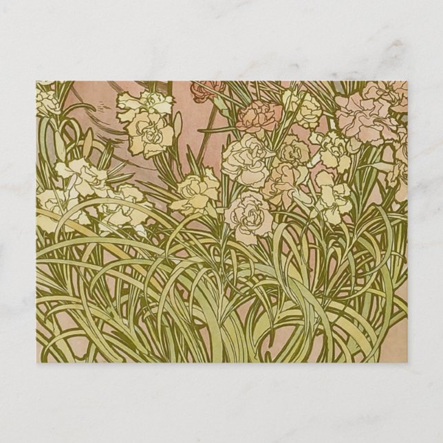 Art Nouveau Alfonse Mucha Blommor nejlikor Vykort (Framsida)