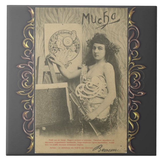 Art nouveau Alfonse mucha kvinnokonstmodell Kakelplatta (Framsidan)