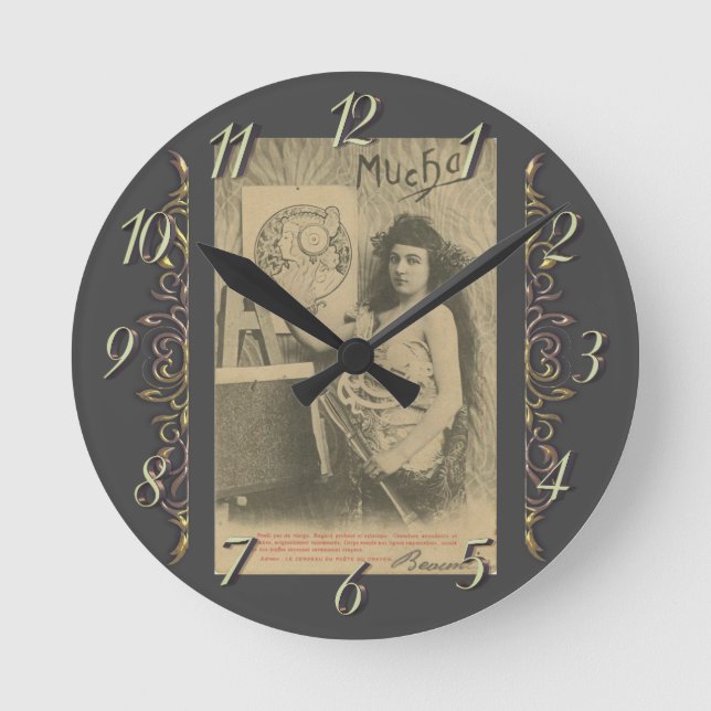 Art nouveau Alphonse mucha-bilmodell Rund Klocka (Framsida)