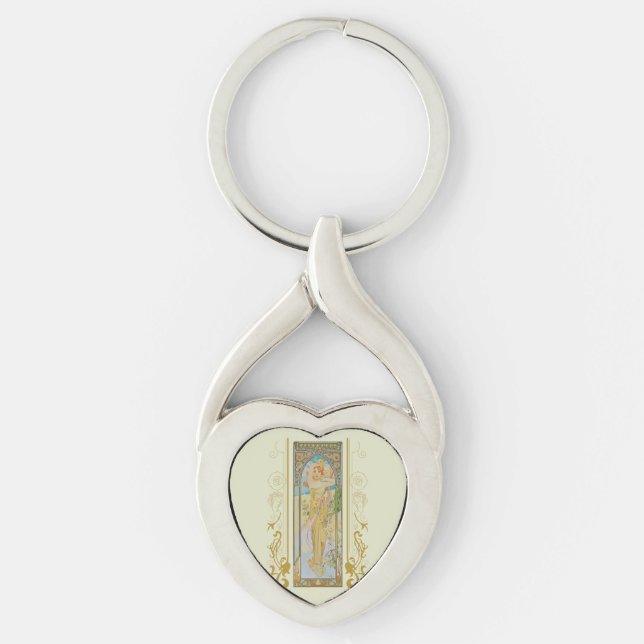Art nouveau Alphonse Mucha - Dagens ljusstyrka Twisted Heart Silverfärgad Nyckelring (Framsidan)
