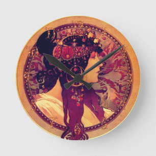 Art nouveau Alphonse Mucha Donna elegant kvinna Rund Klocka