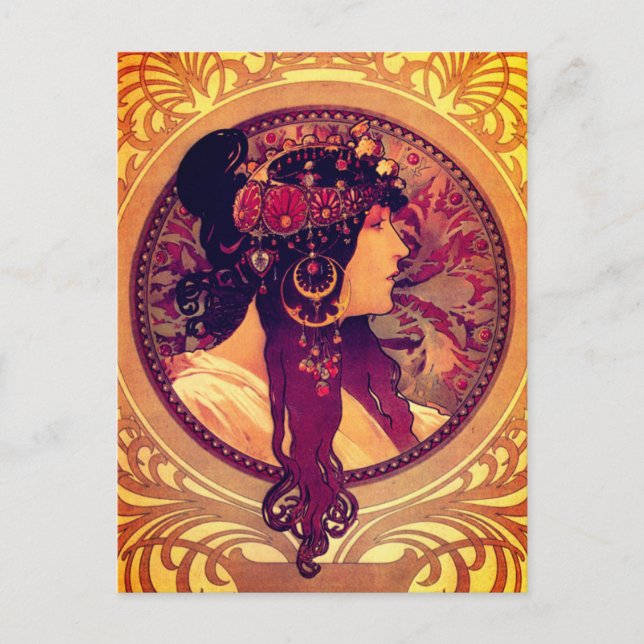 Art nouveau Alphonse Mucha Donna elegant kvinna Vykort (Framsida)