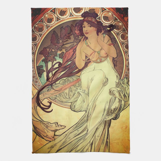 Art nouveau Alphonse Mucha elegant vintage kvinna Kökshandduk (Vertikal)