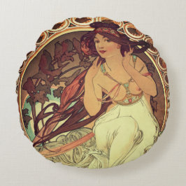 Art nouveau Alphonse Mucha elegant vintage kvinna Rund Kudde