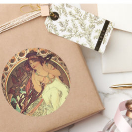 Art nouveau Alphonse Mucha elegant vintage kvinna Runt Klistermärke