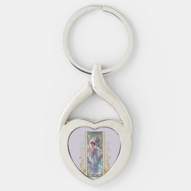 Art nouveau Alphonse Mucha Evening Contemplation Twisted Heart Silverfärgad Nyckelring (Framsidan)