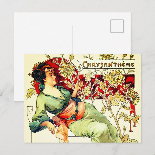Art nouveau Alphonse Mucha Krysantemum höst  Vykort (Fram/baksida)
