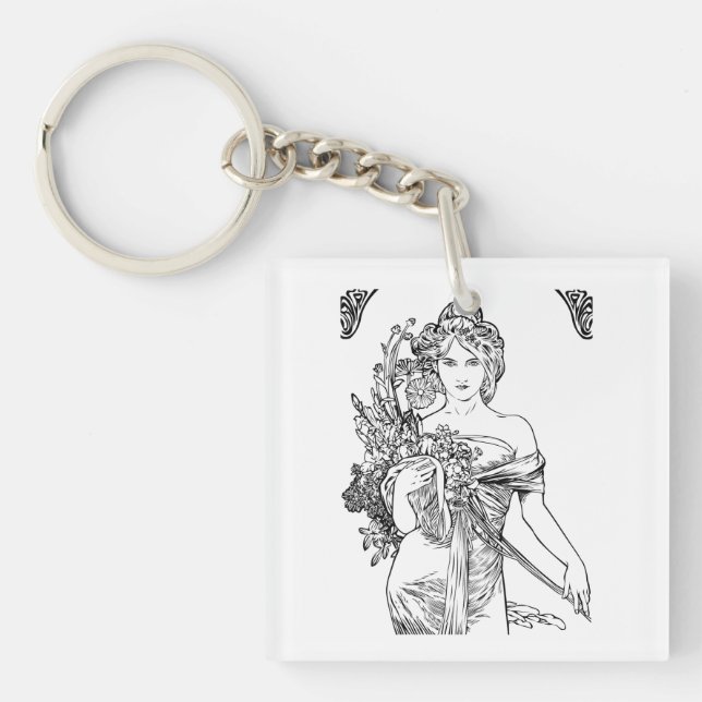 Art nouveau Alphonse Mucha-kvinna med blommor (Framsidan)