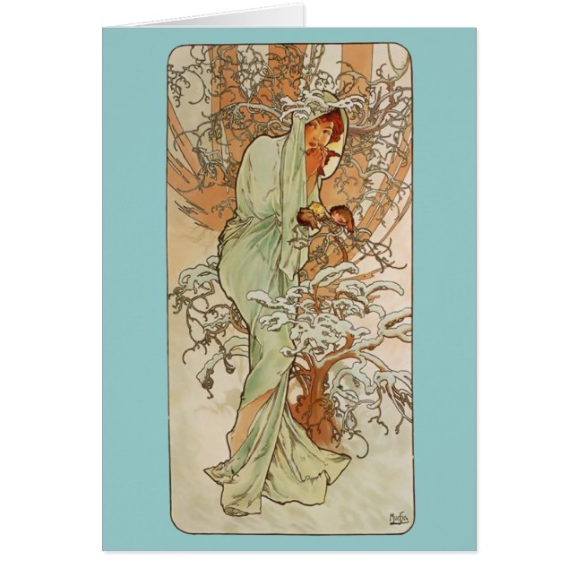 Art nouveau - Alphonse Mucha - vinter Hälsningskort (Framsidan)