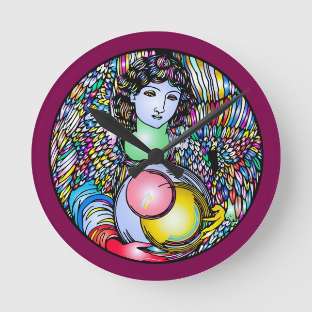 Art Nouveau Angel On Stained Glass Rund Klocka (Framsida)