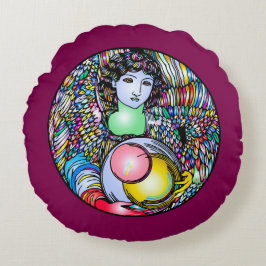 Art Nouveau Angel On Stained Glass Rund Kudde