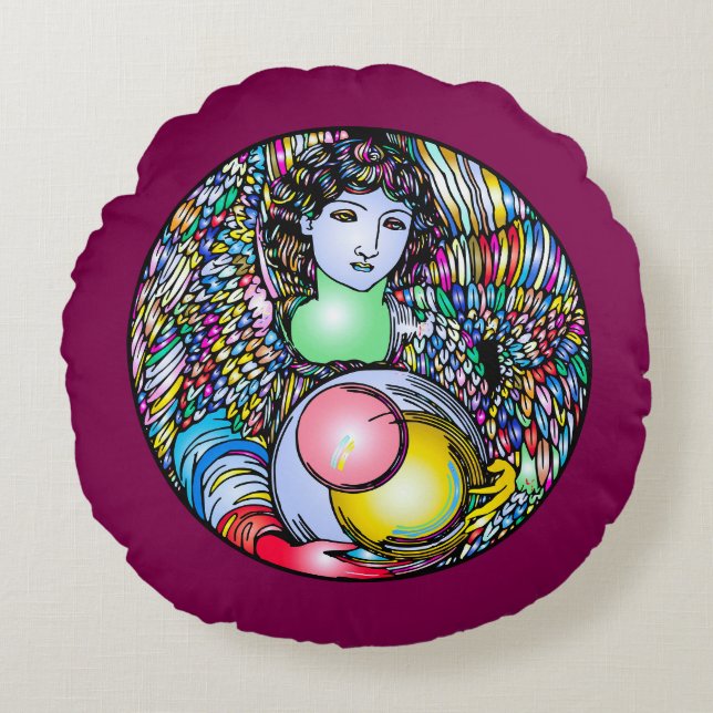 Art Nouveau Angel On Stained Glass Rund Kudde (Framsidan)