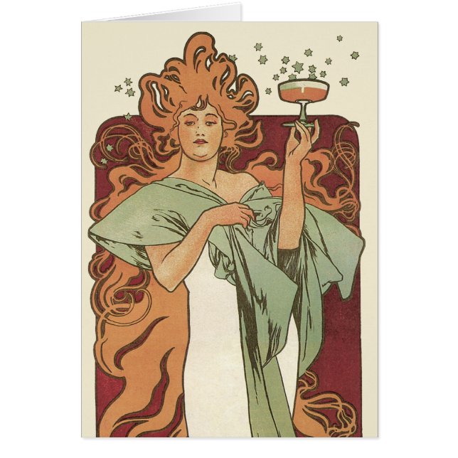 Art Nouveau-antik, Champagne av Alphonse Mucha Hälsningskort (Framsidan)