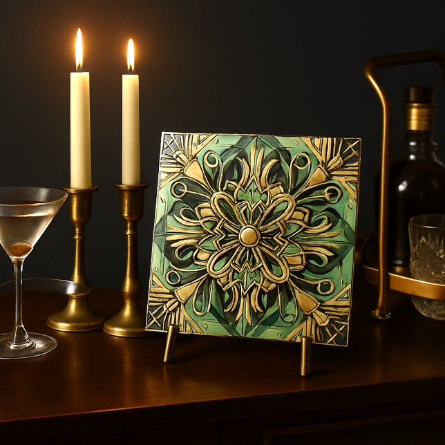 Art Nouveau / Art Deco Bakplåt Guld Grön Kakelplatta (Skapare uppladdad)