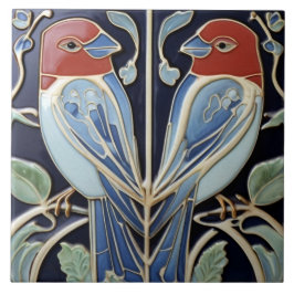 Art nouveau Art Deco Birds - Red Blue Parrot Kakelplatta