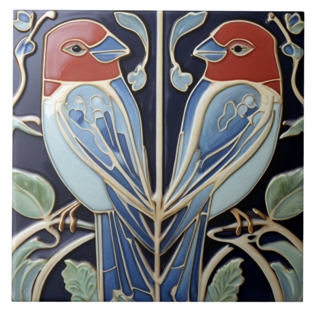 Art nouveau Art Deco Birds - Red Blue Parrot Kakelplatta (Framsidan)